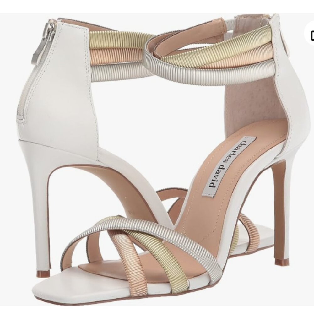 NWT Charles David Women's Electra Heeled Faux Leather White Metallic Sandal